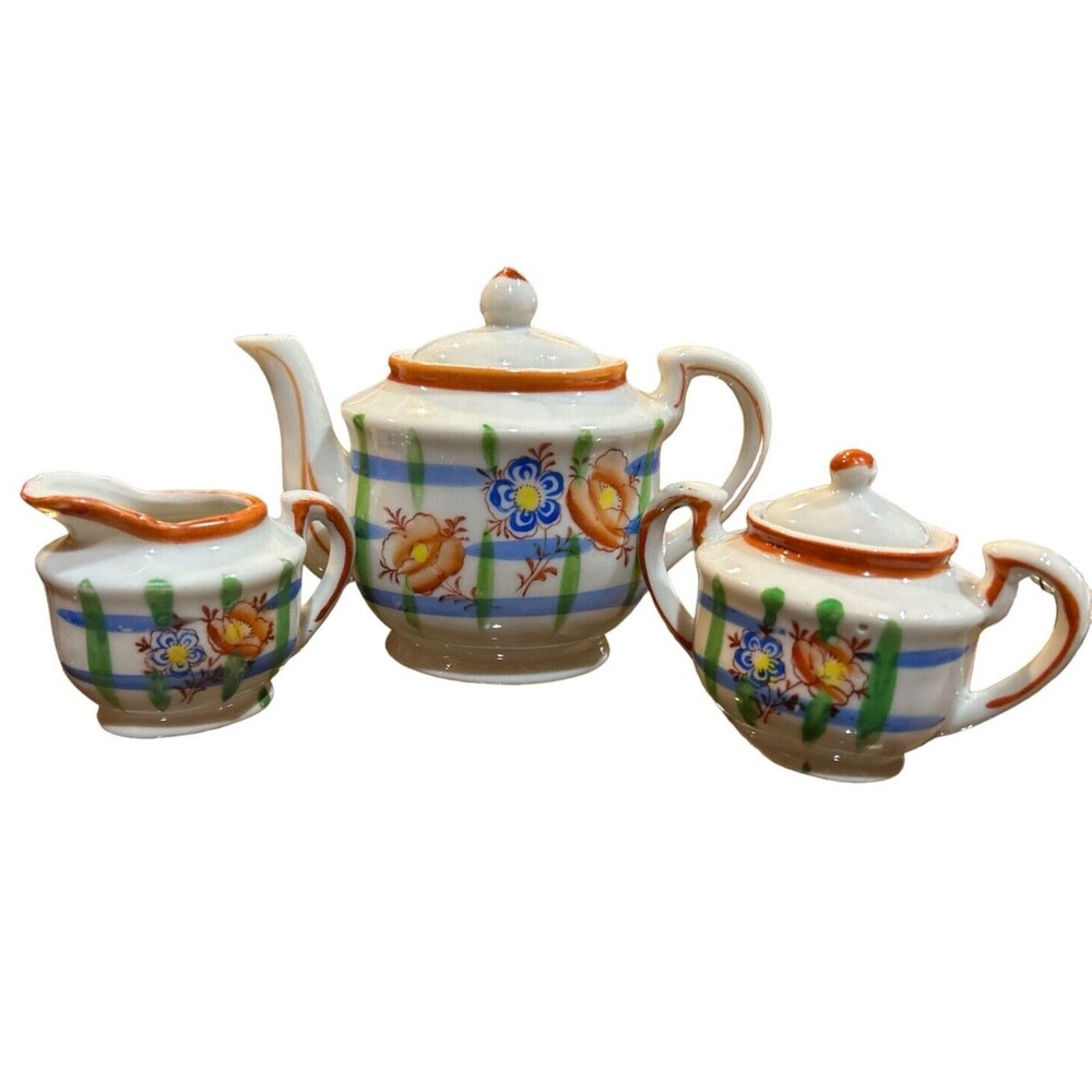 Vintage Child's Porcelain Miniature Tea Cup Set Made In Japan Floral Design 3 pc